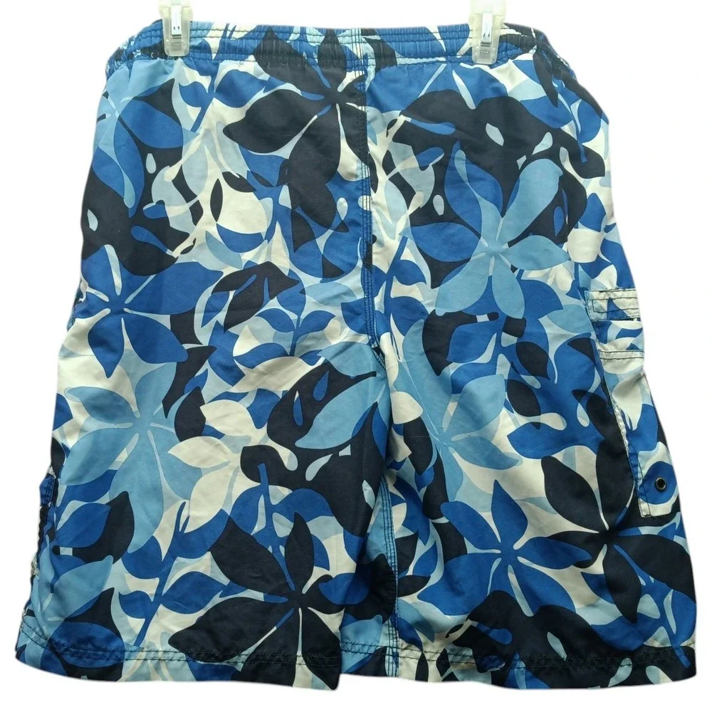 Burnside Mens Floral Board Shorts Blue White Swim Trunks Size L Cargo Pocket